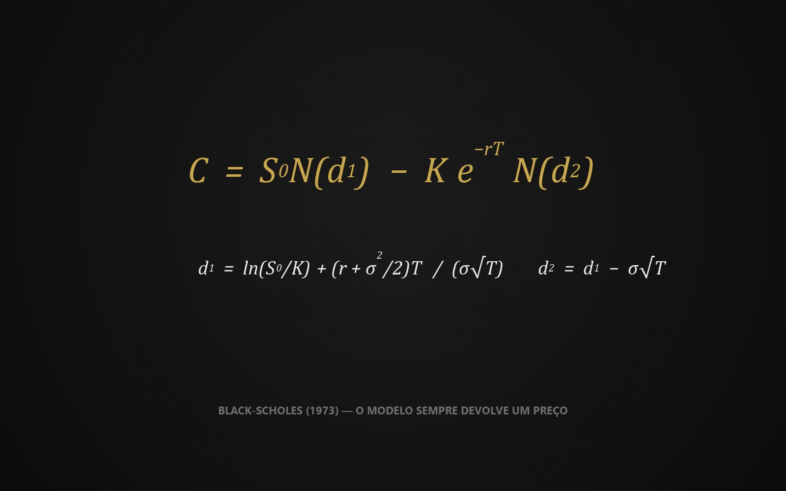 Fórmula de Black-Scholes para uma call: C igual a S0 vezes N(d1) menos K vezes e elevado a menos rT vezes N(d2), com as fórmulas de d1 e d2 abaixo
